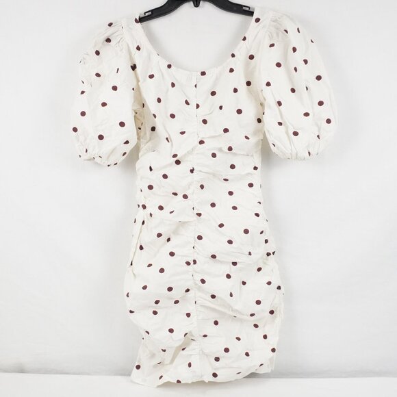 Ganni Ruched Polka Dot Mini Dress with Bow in White and Brown Size 34 - NWD - Picture 3 of 13